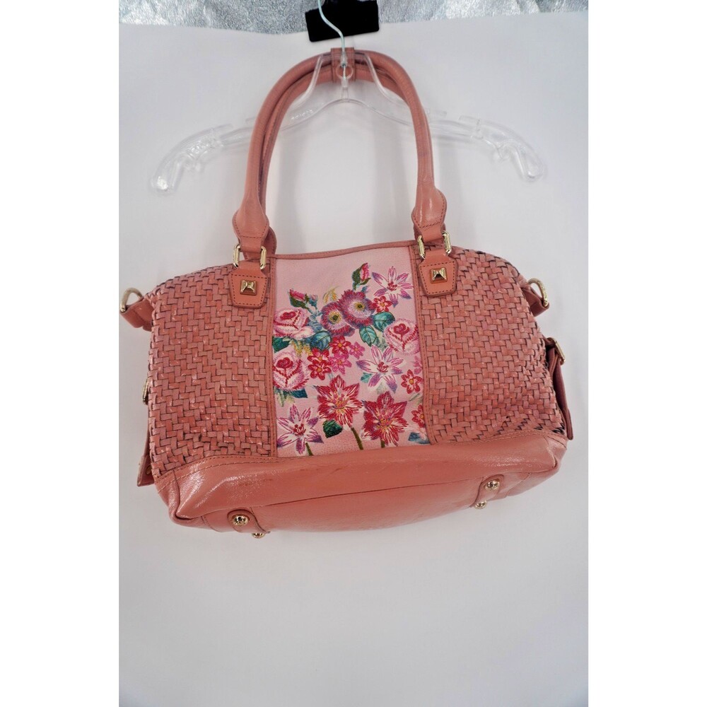 Sharif 1827 Blush Pink Woven Leather Floral Embroidered Satchel Shoulder Bag
